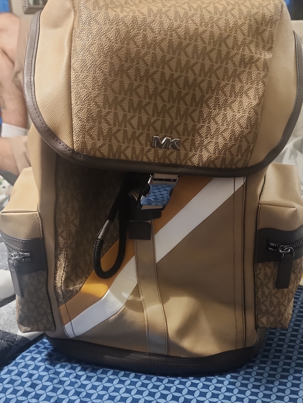 Michael Kors Men’s Tan and White MK Monogram Backpack with Mustard Accent